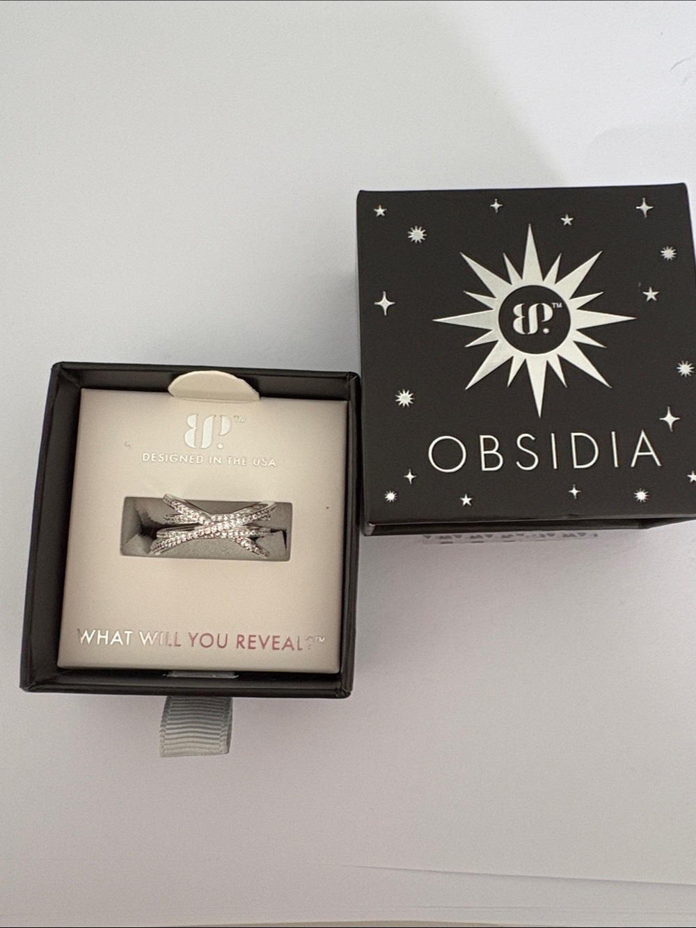 Obsidian Inspired Silver Crystal Crossover Ring